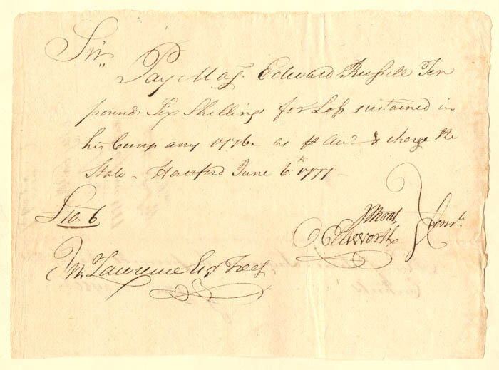 1777 dated Oliver Ellsworth signed Revolutionary War Pay Order - Connecticut Rev