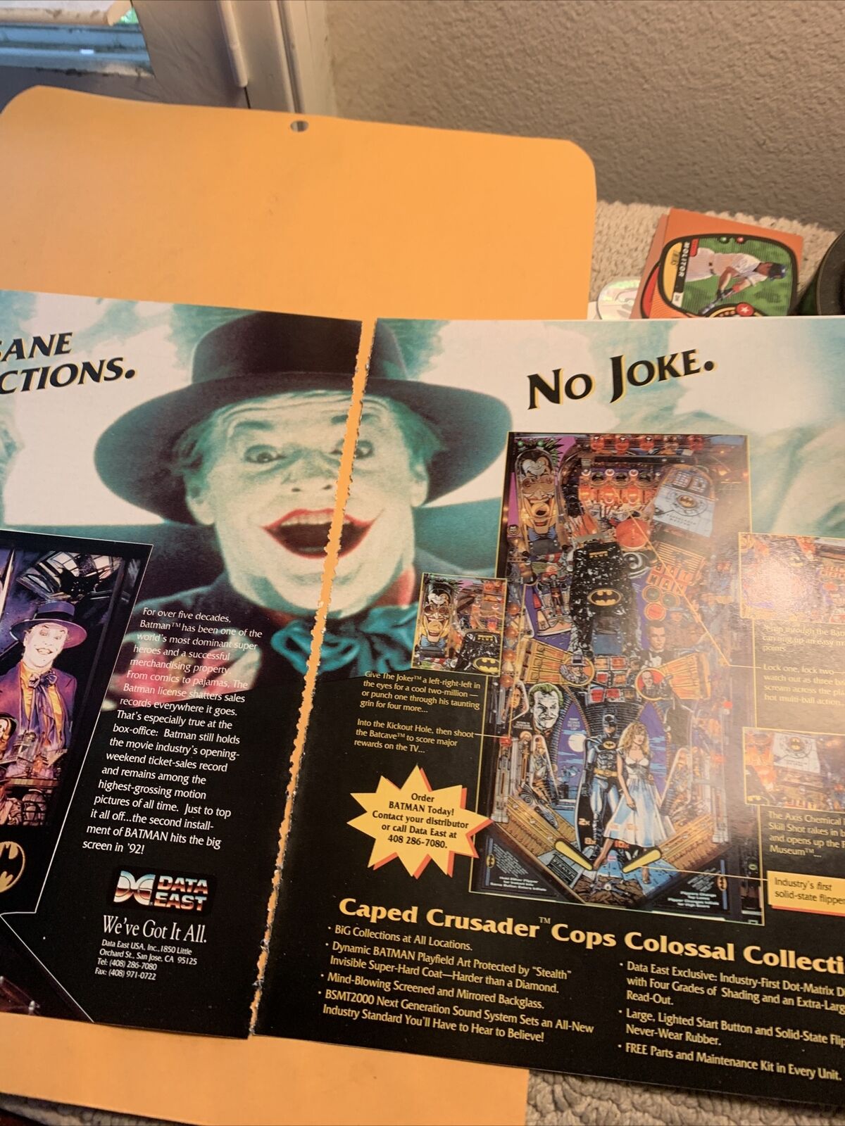 Original 1991 11- 8.5\'\' Two page Batman data East Pinball arcade  game AD FLYER