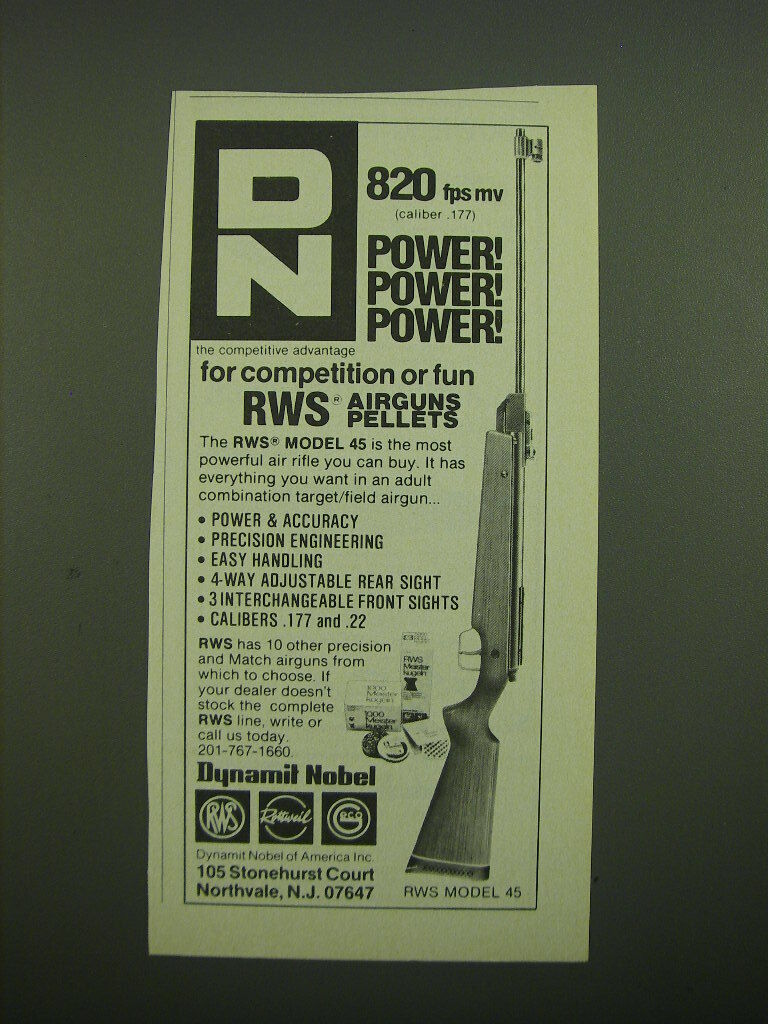 1981 Dynamit Nobel RWS Model 45 Air Rifle Ad - 820 fps mv (caliber .177) Power