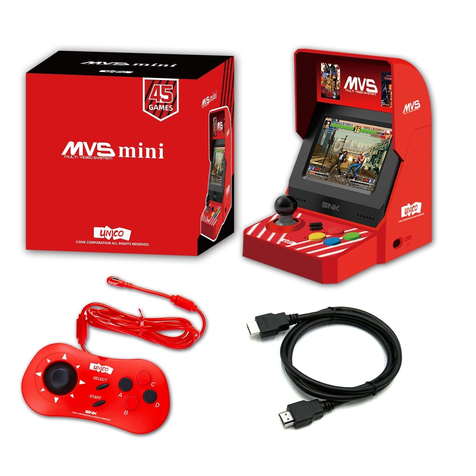 UNICO SNK MVS Mini Arcade and Red Controller [Included HDMI Cable], 45 Pre-Lo...