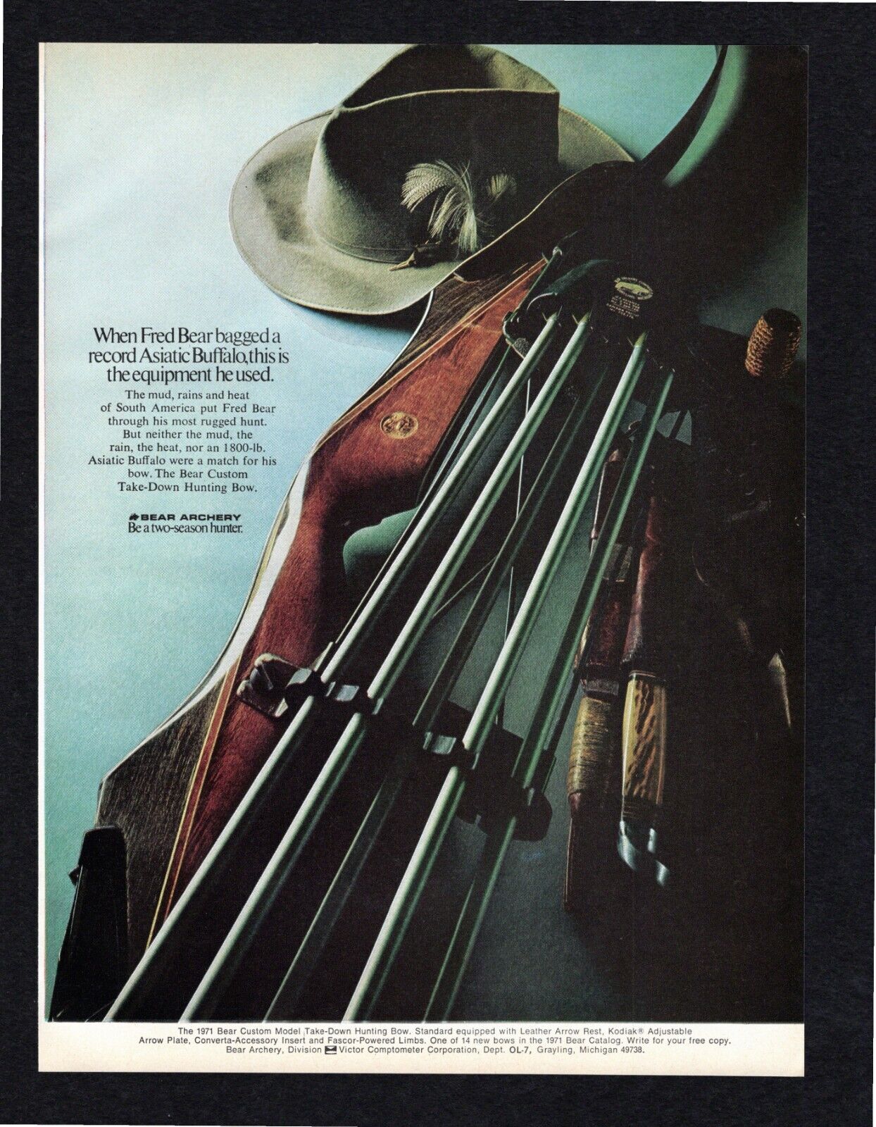 1971 Bear Custom Model Take Down Hunting Bow Archery Outdoor Life Print Ad