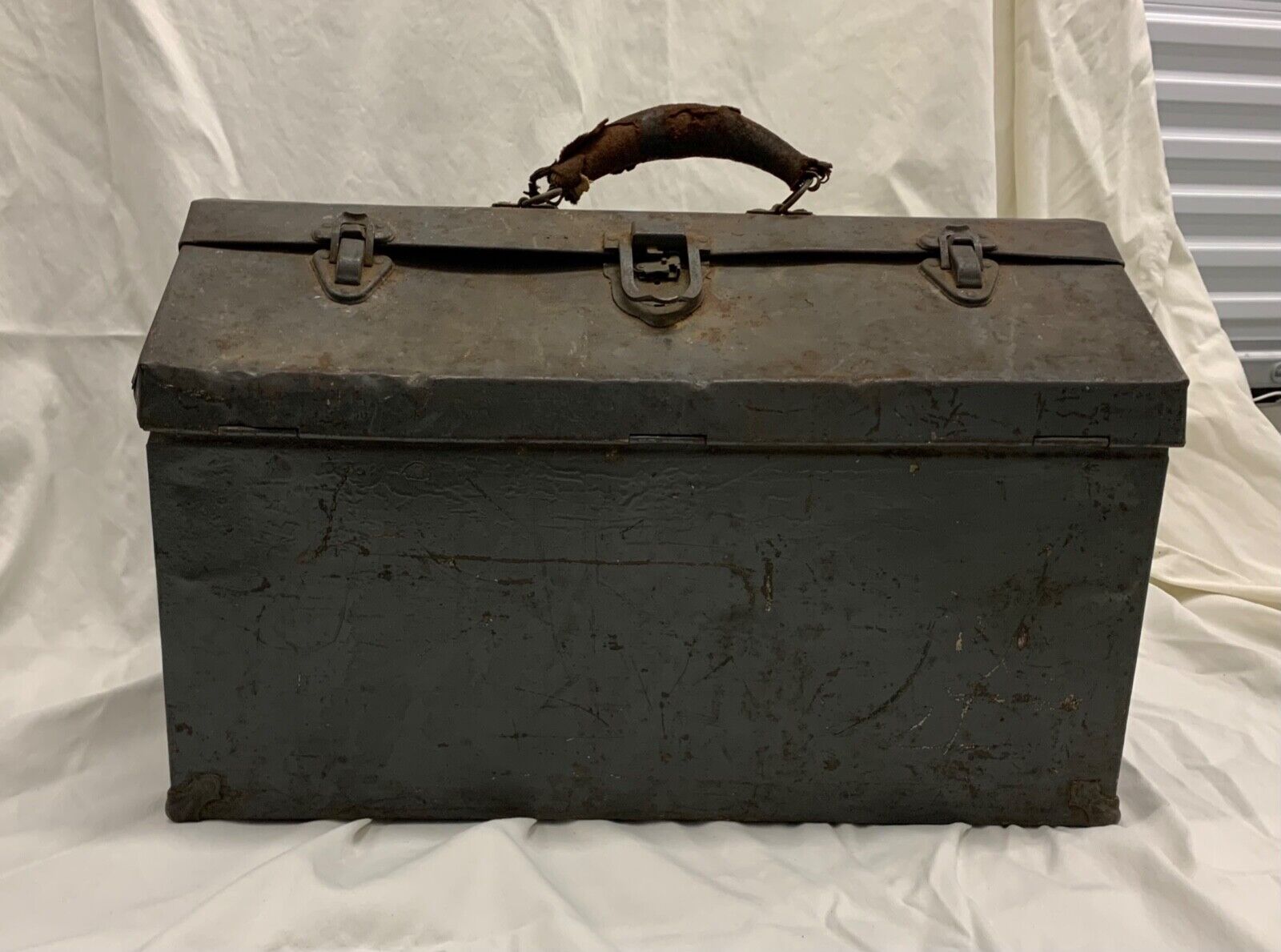 old metal tool box - vintage. one-of-a-kind. was once green
