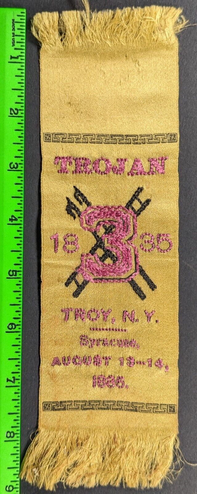 Antique 1885 Trojan Fire Co Department Troy New York Embroidered Ribbon