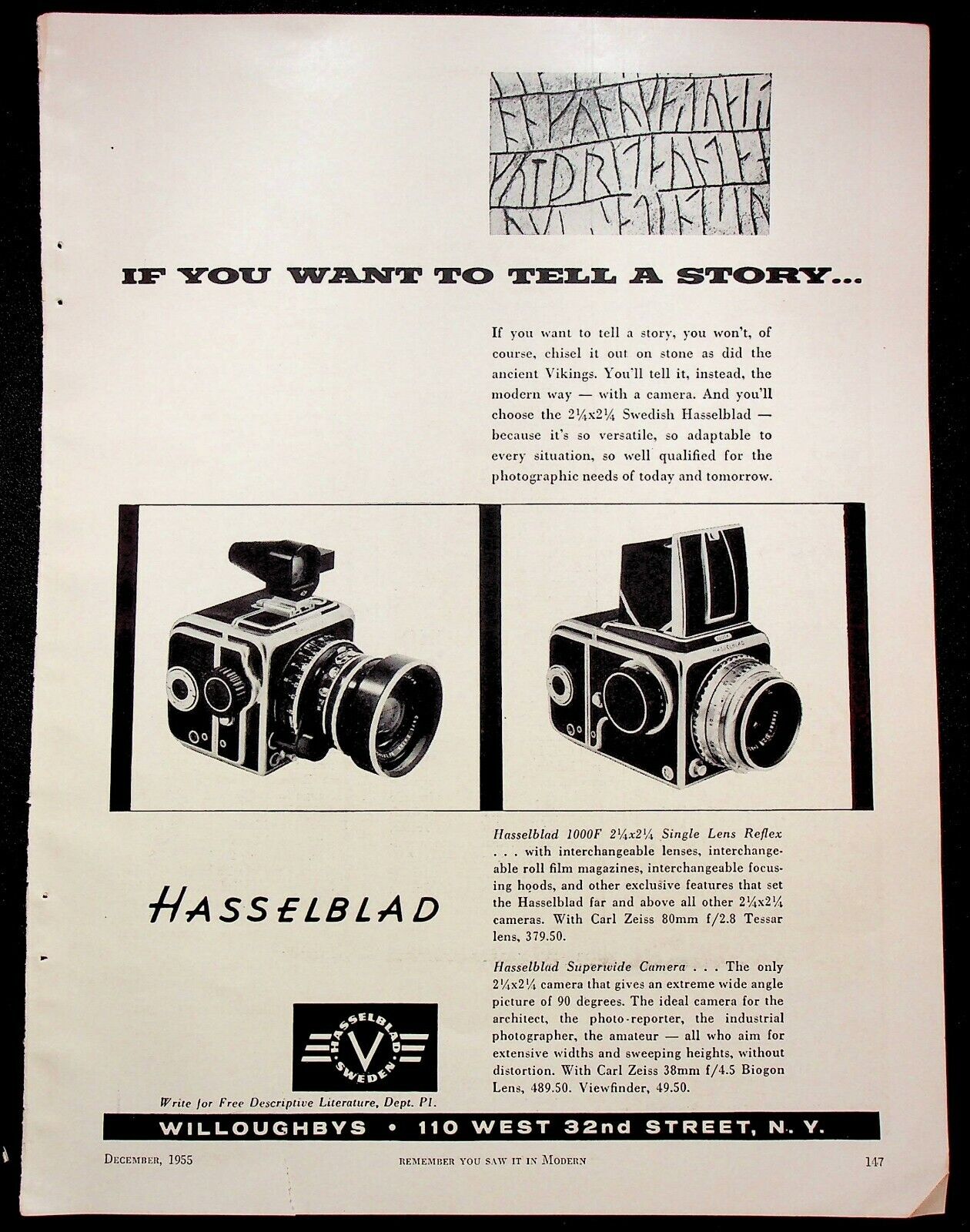 Vintage 1955 Hasselblad 1000F Superwide Camera Sweden Print Ad Willoughbys NY
