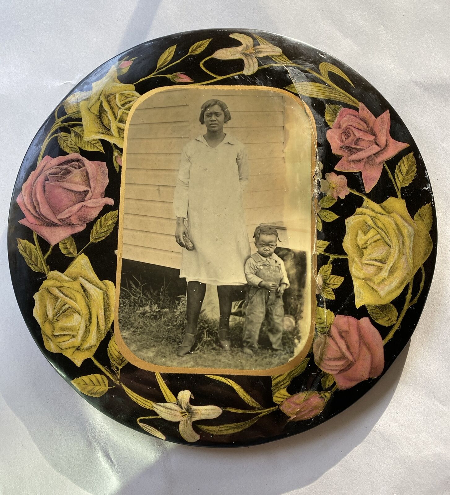 Antique Vintage 9” Celluloid Photo Button African American Mother & Child