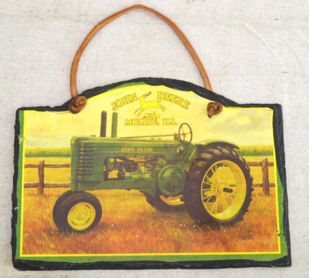 Vintage John Deere Slate Wall Hang Picture Tractor Green Yellow Charles Freitag