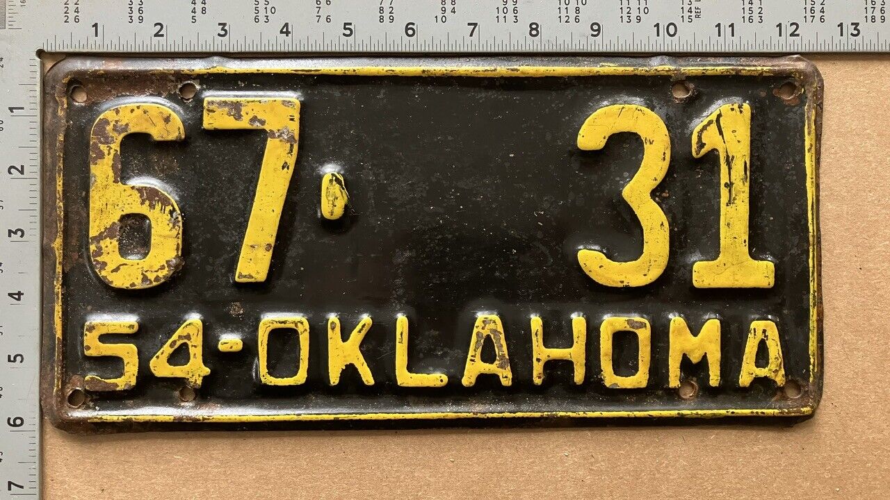 1954 Oklahoma license plate 67-31 YOM DMV Latimer great LOW NUMBER 2x2 15164