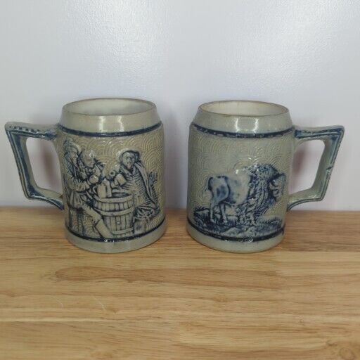2 Antique WHITES UTICA Stoneware Pottery Buffalo Mug Pan American Flemish ware