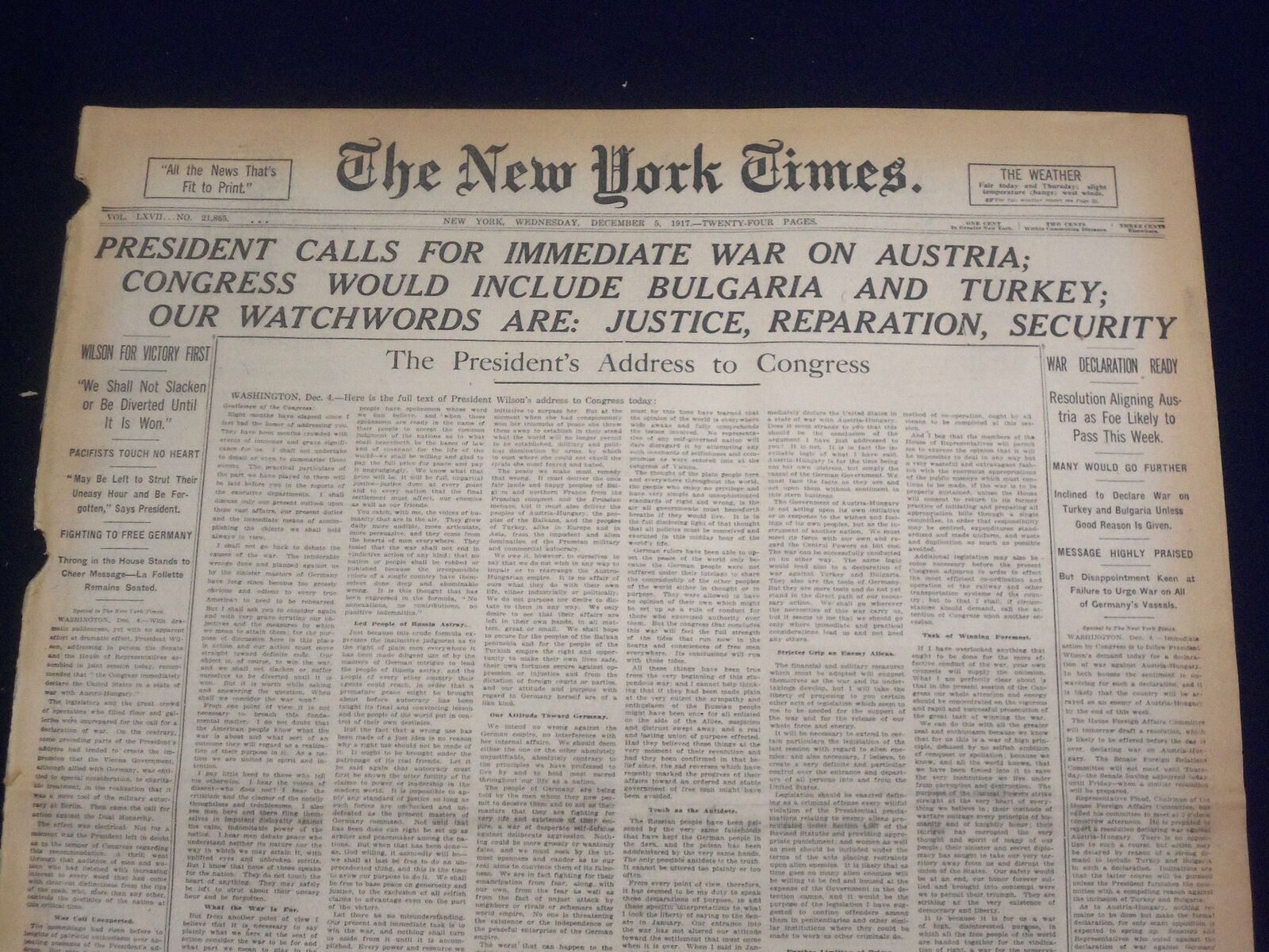 1917 DEC 5 NEW YORK TIMES - PRESIDENT CALLS FOR IMMEDIATE WAR ON AUSTRIA-NT 8252