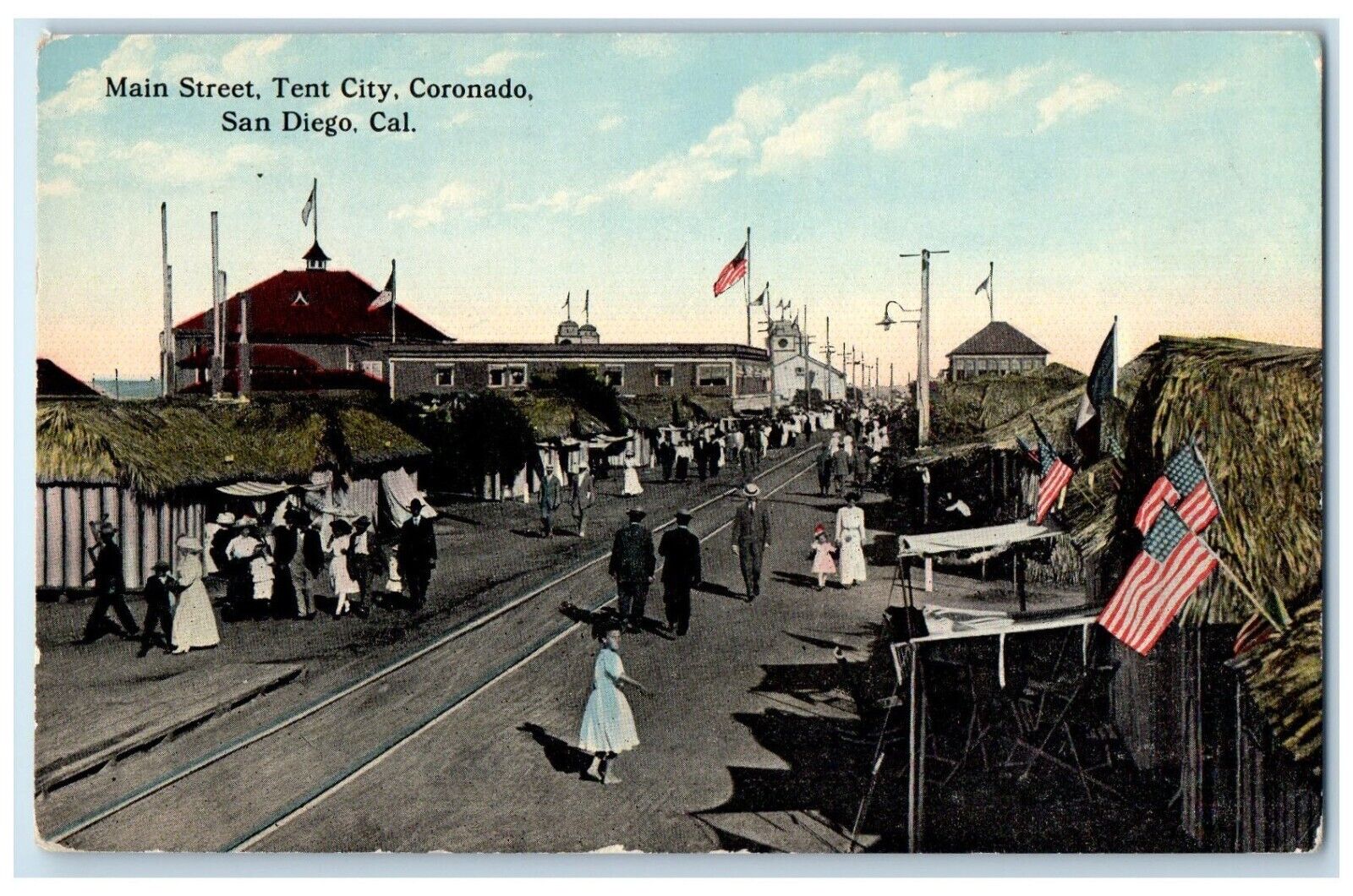 c1910 Main Street Tent City Coronado Rail San Diego California Vintage Postcard