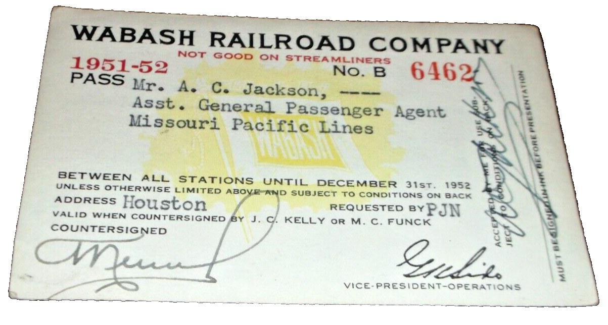 1951 1952  WABASH RAILROAD COMPANY EMPLOYEE PASS #6462