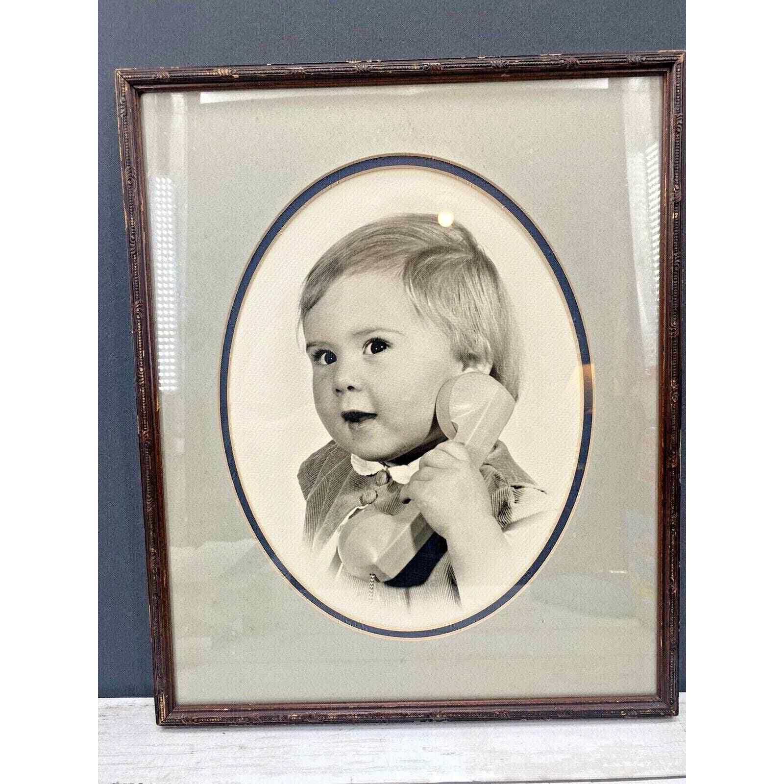 Antique Vintage Baby On Telephone Black White Photo Framed Picture MITRE BOX WI