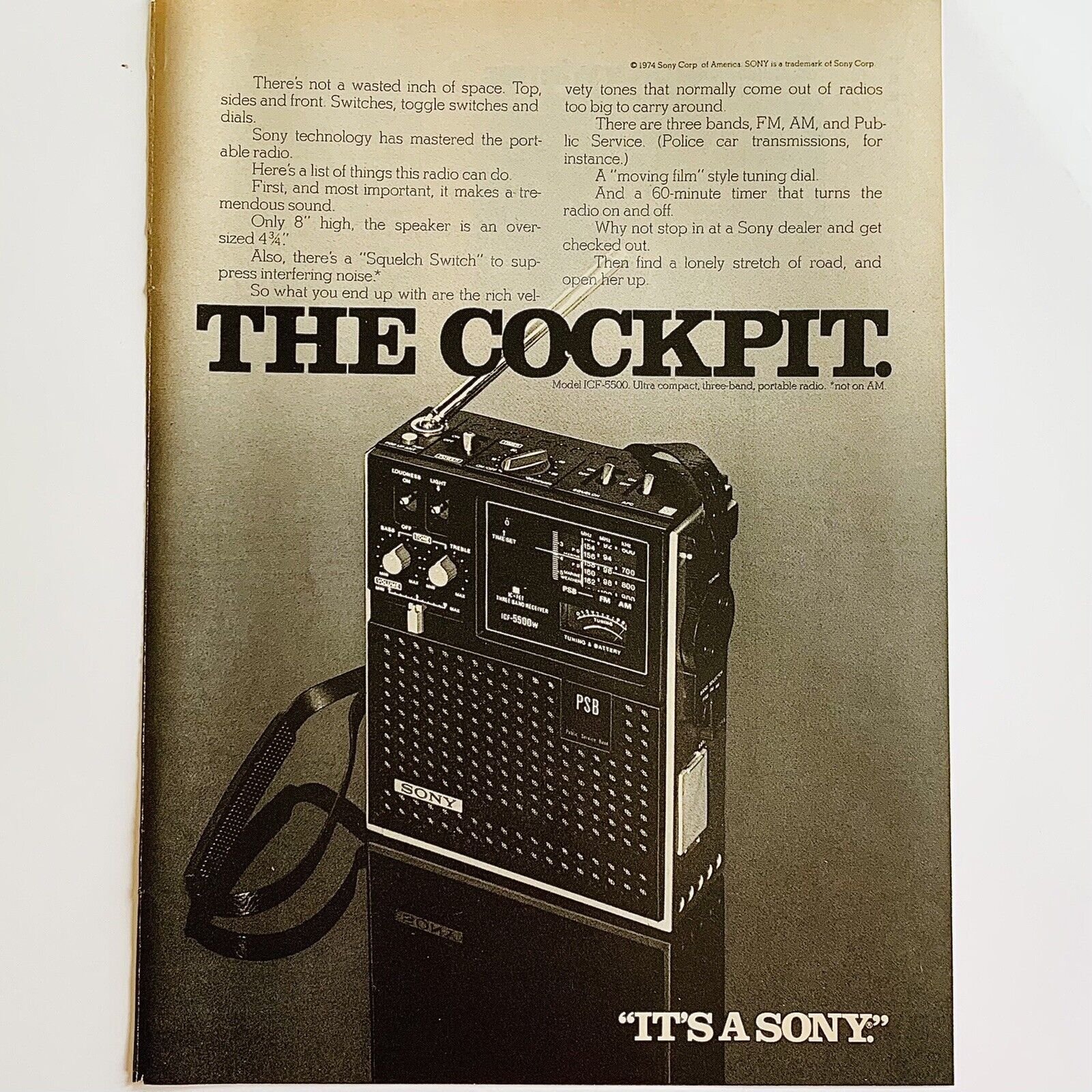 Vintage 1970's Sony ICF-5500 Cockpit Portable Three Band Radio Magazine Print Ad