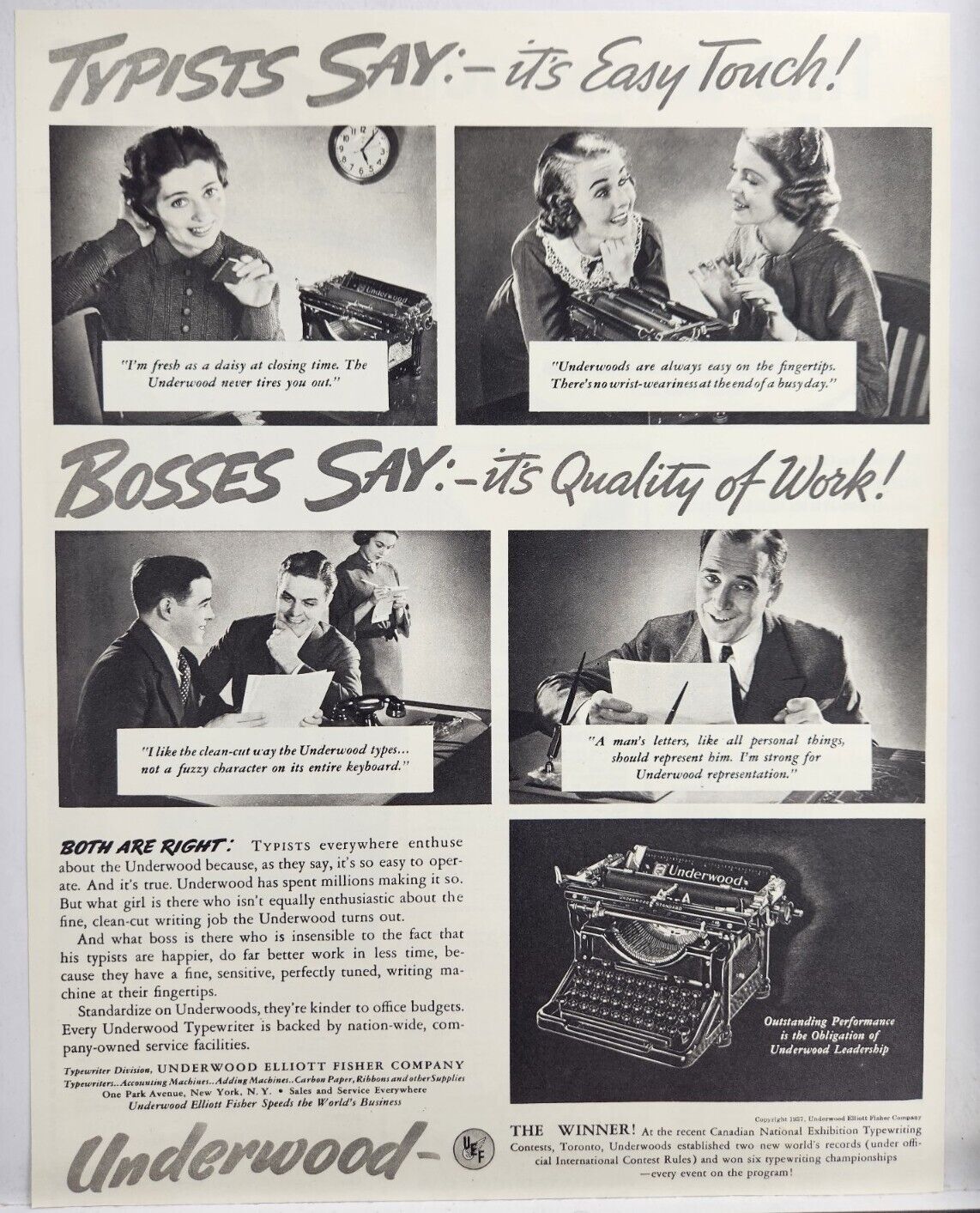 1937 Underwood Typewriter Bosses Say Vtg Print Ad Man Cave Art Deco Poster 30's