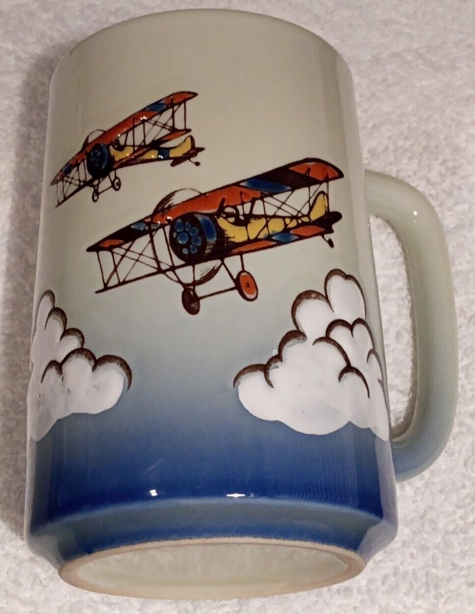 Vintage Otagiri Japan Sky Blue Coffee Mug Cup 3D Bi-Plane Airplanes Clouds