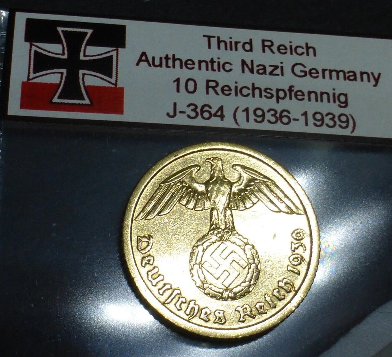 Genuine Nazi Coin: Beautiful Bronze 10 Reichspfennig WW2-era Germany Shiny Relic