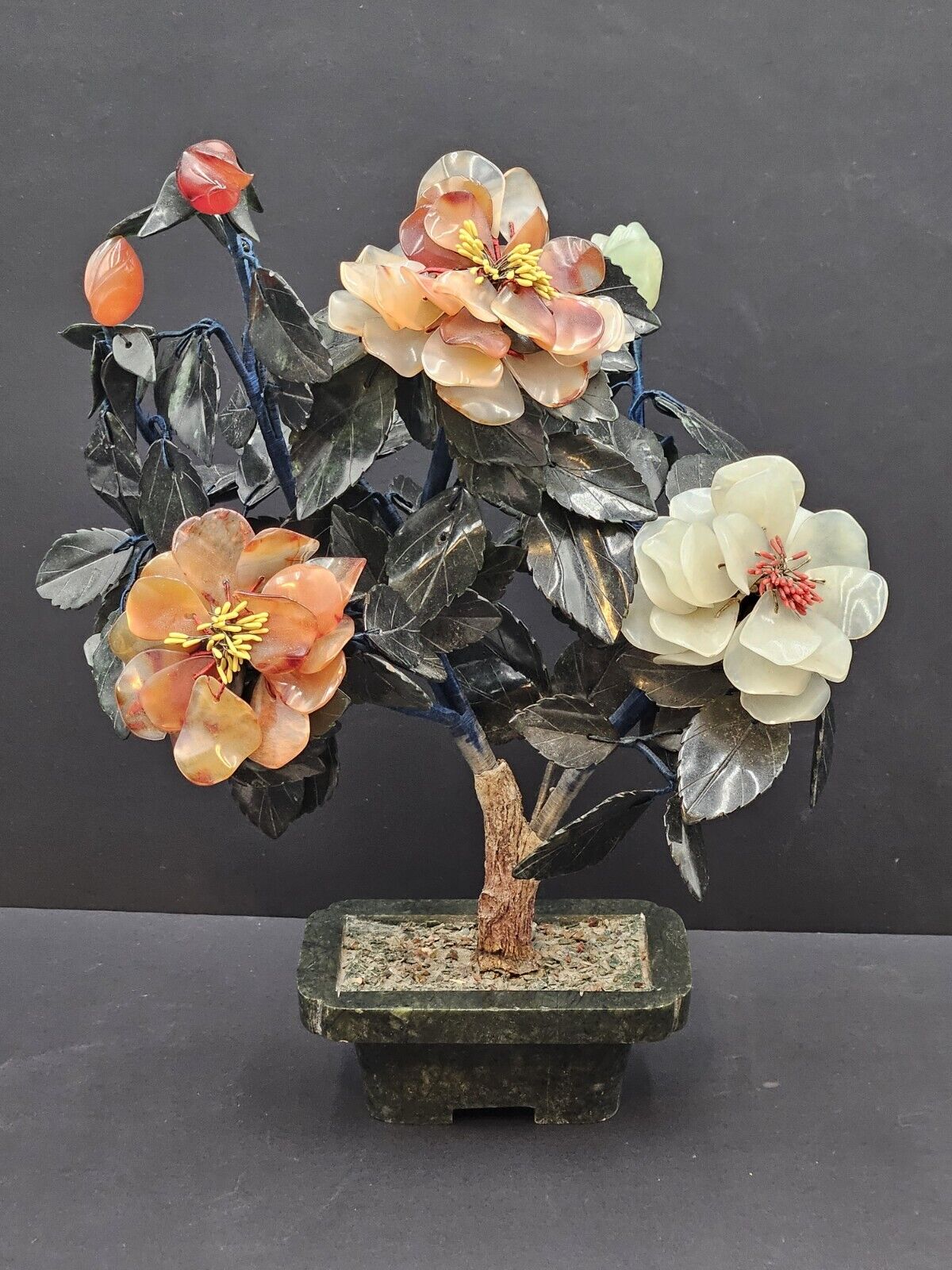VINTAGE  CHINESE CARVED STONE & JADE FLOWER TREE COLORFUL  13 Inch 