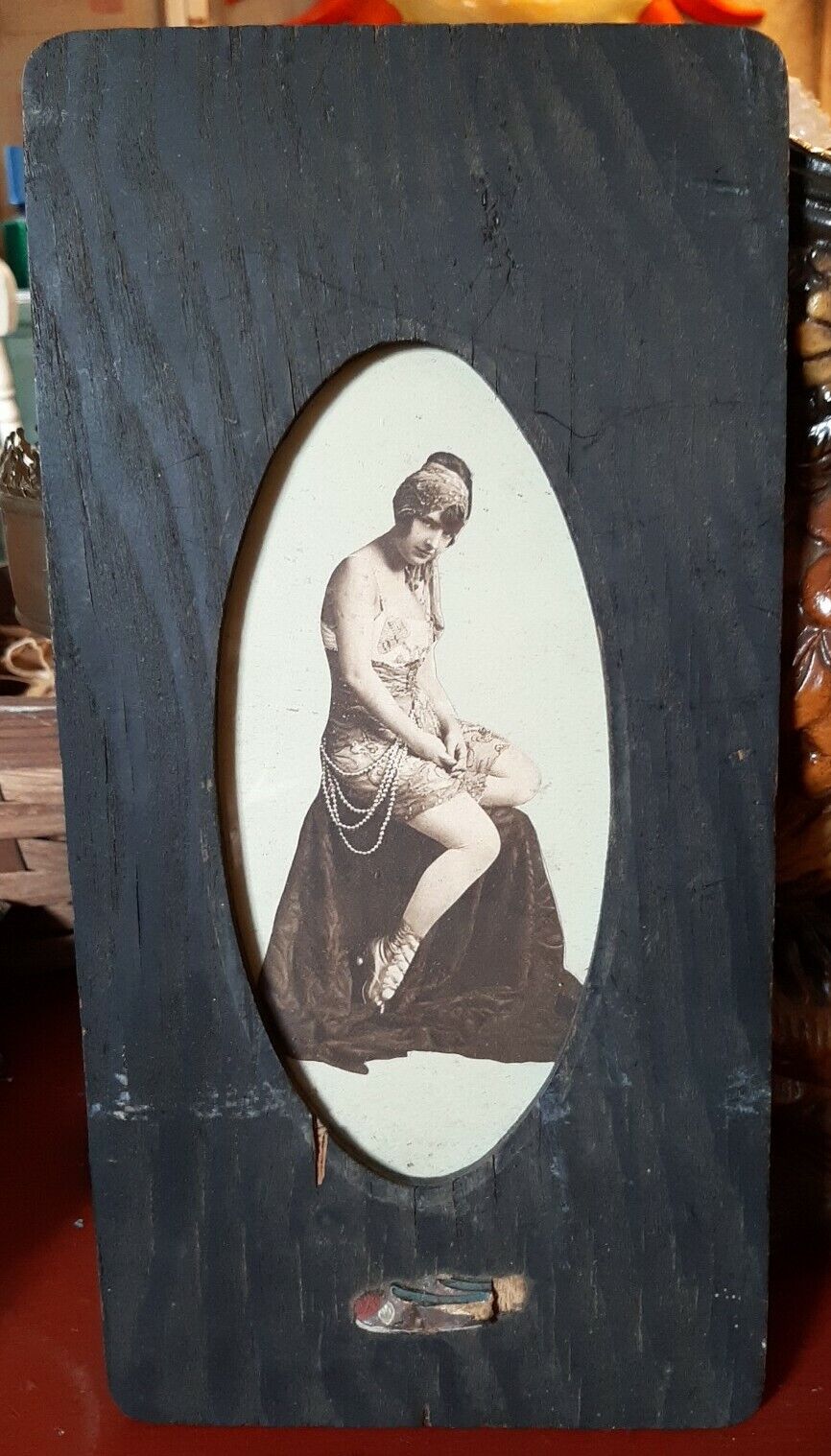 Vintage Cutout Framed 1920s Pretty Flapper Girl in Wooden Handmade Frame