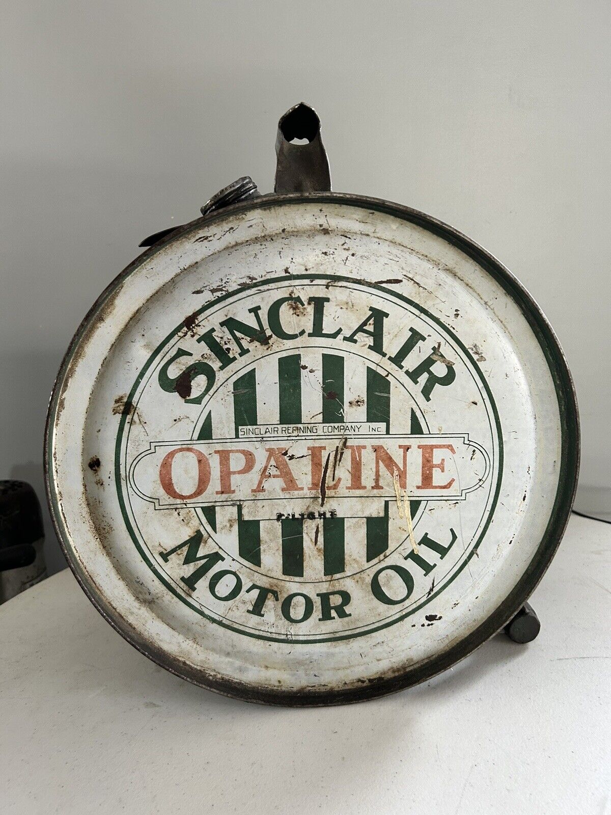 Vintage Original Opaline SINCLAIR MOTOR OIL  5 Gal Rocker Can Jail Bar Gas 1920s