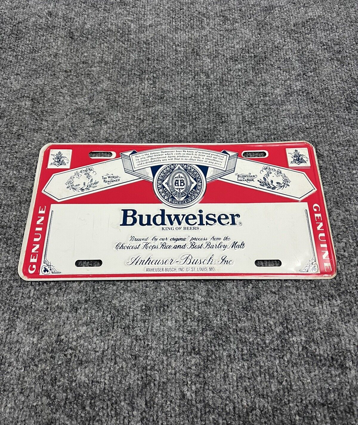 Vintage Anheuser-Busch Budweiser Beer Tin Metal License Plate Sign Red white Blu