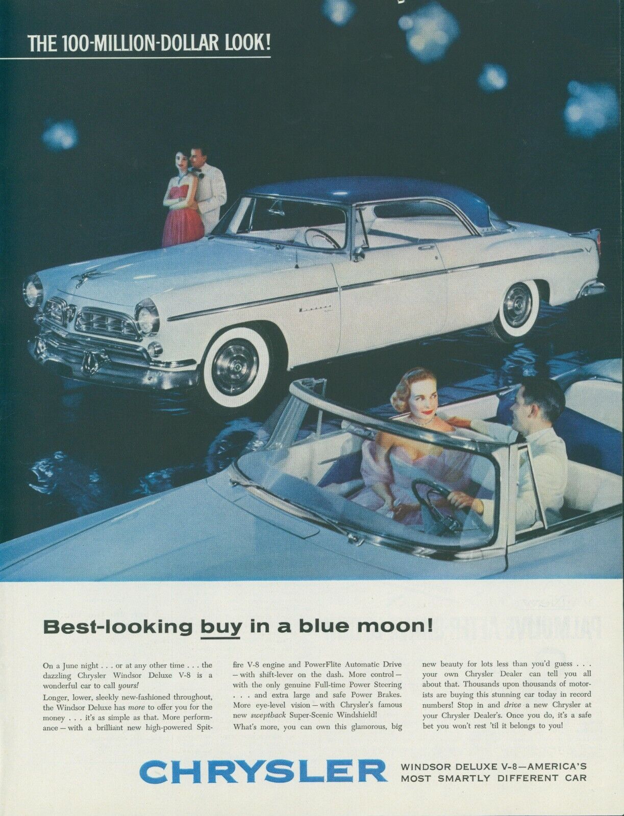 1955 Chrysler Windsor Deluxe V-8 Vintage Print Ad Convertible Blue Moon SP2