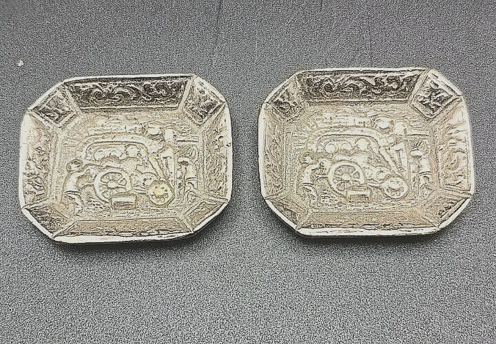 TWO MINIATURE REPOUSSE DISH w/A SCENE BEER KEGS BEING UNLOADED SILVER PLATED v/g