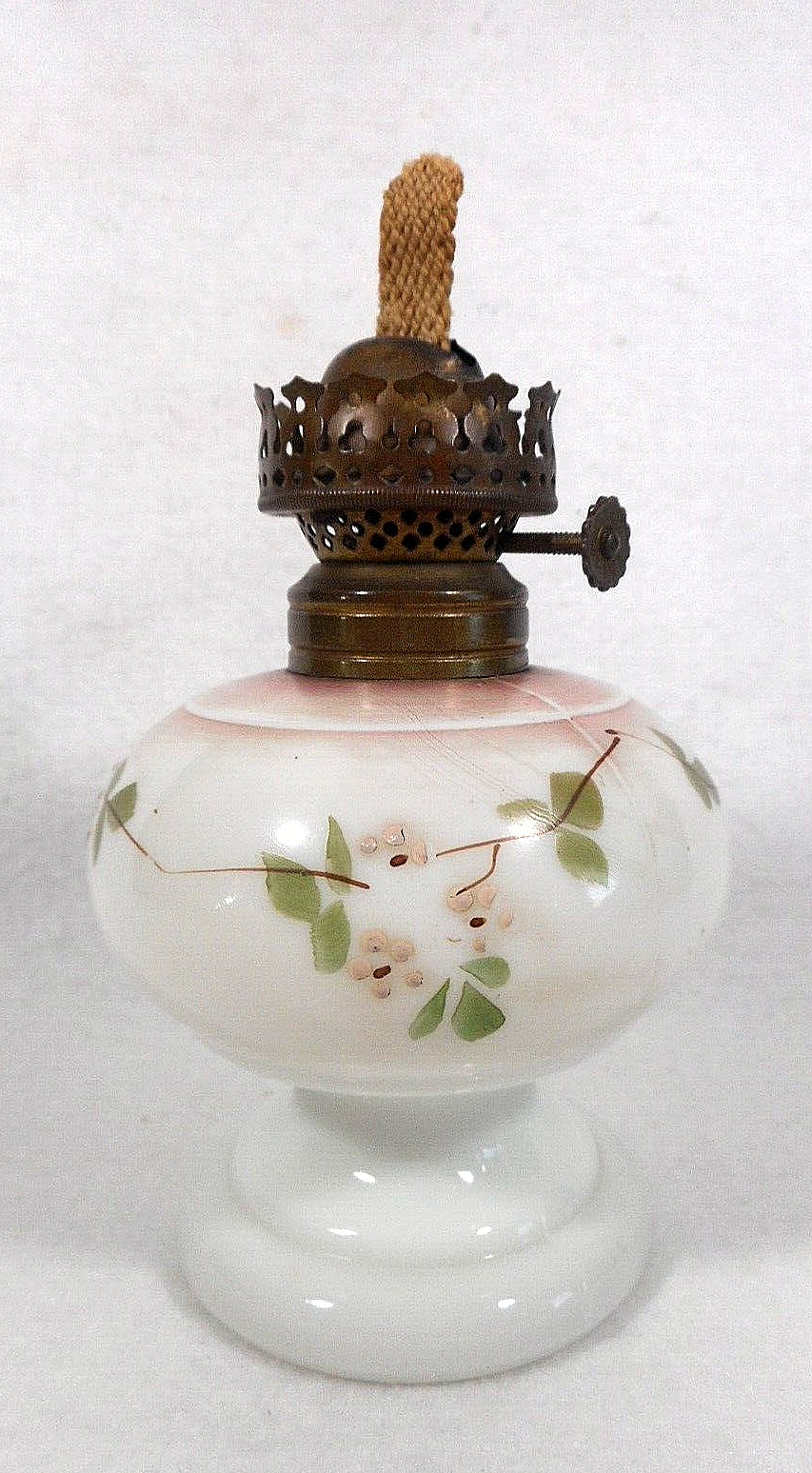 Antique Milk Glass Miniature Footed Kerosene Lamp with Brass Burner