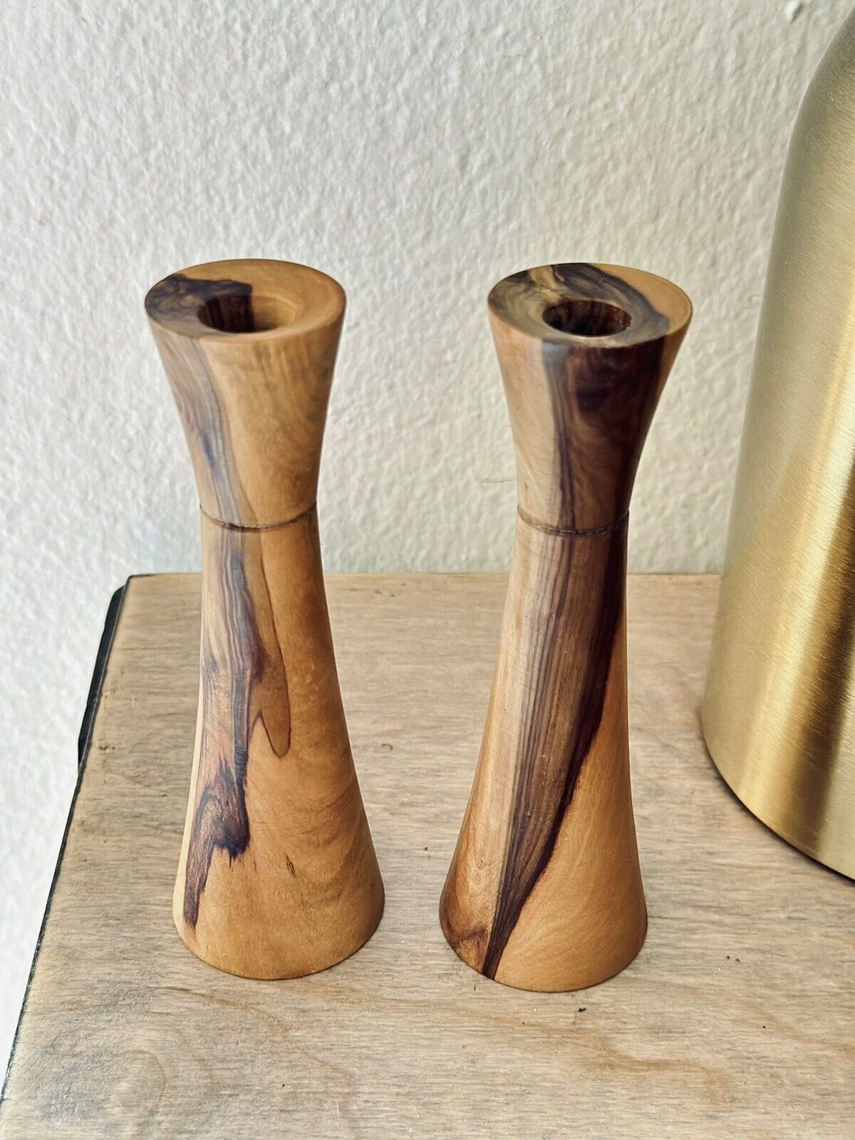 Pair of Vintage Danish Modern Style Olive Wood Taper Candle Holders Hour Glass