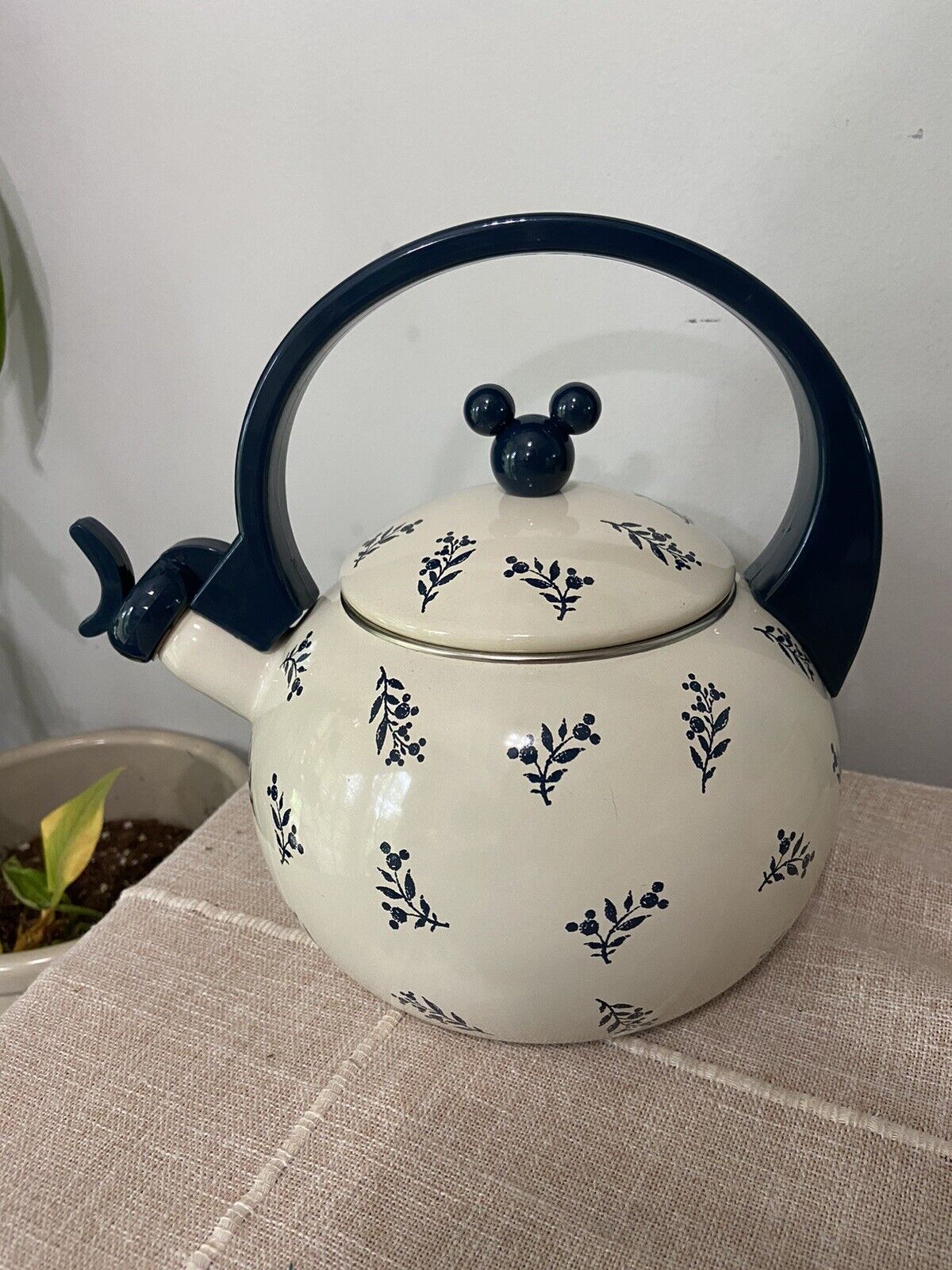 Vintage Walt Disney World At Home Mickey Mouse Ears Blue And Ivory Metal Teapot