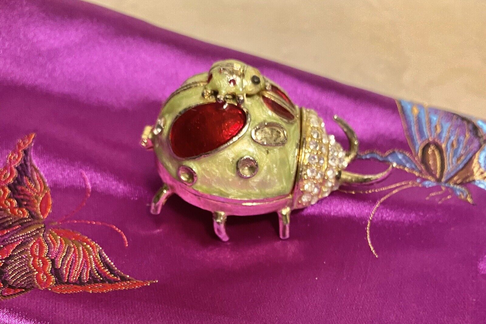 Lady Bug and Baby ~  Enameled  &  Bejeweled Trinket Box~Vintage Collectible~