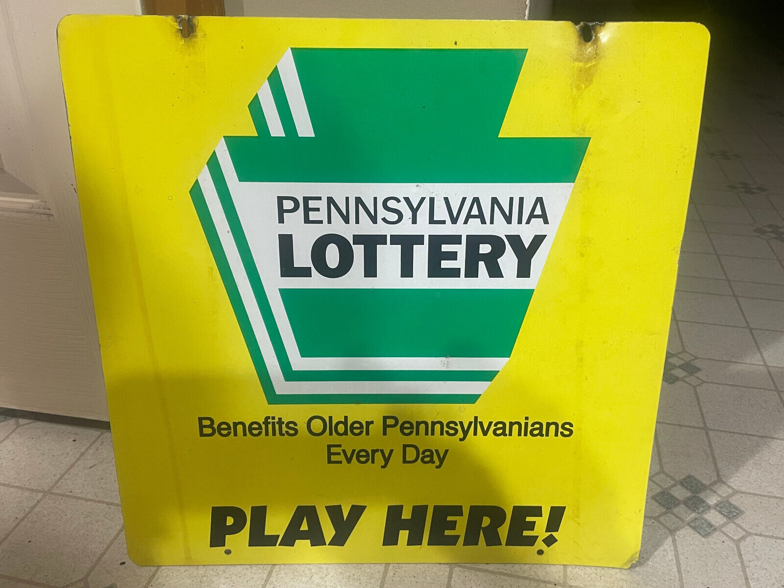 VINTAGE METAL PENNSYLVANIA LOTTERY SIGN PA LOTTO SIGN DOUBLE SIDED DEALER SIGN