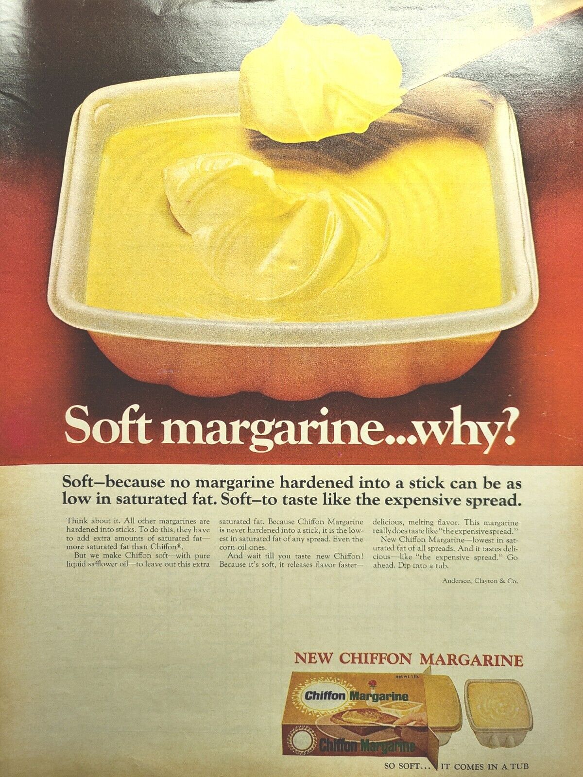 Chiffon Margarine Soft Spreadable Tub Not Butter Vintage Print Ad 1966