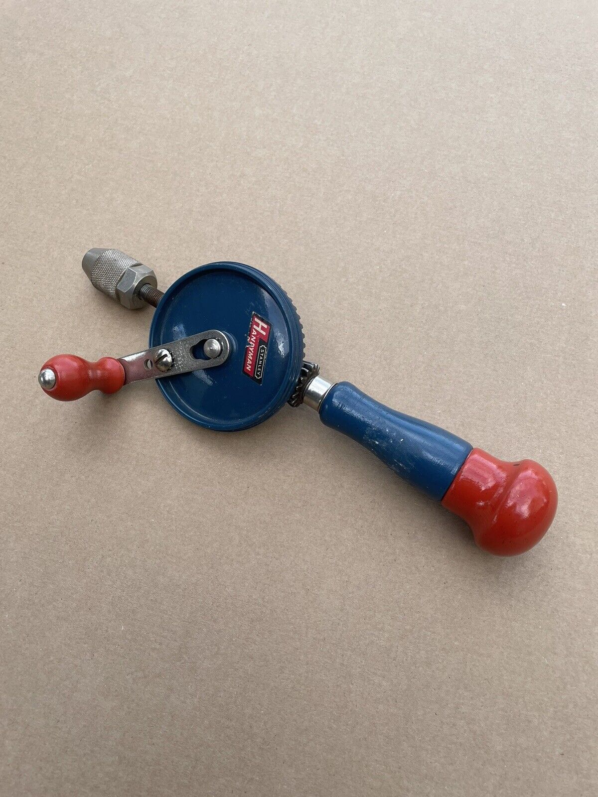 Vintage Stanley Handyman Eggbeater Drill Blue And Red USA With Bits H1220a Hy-Lo