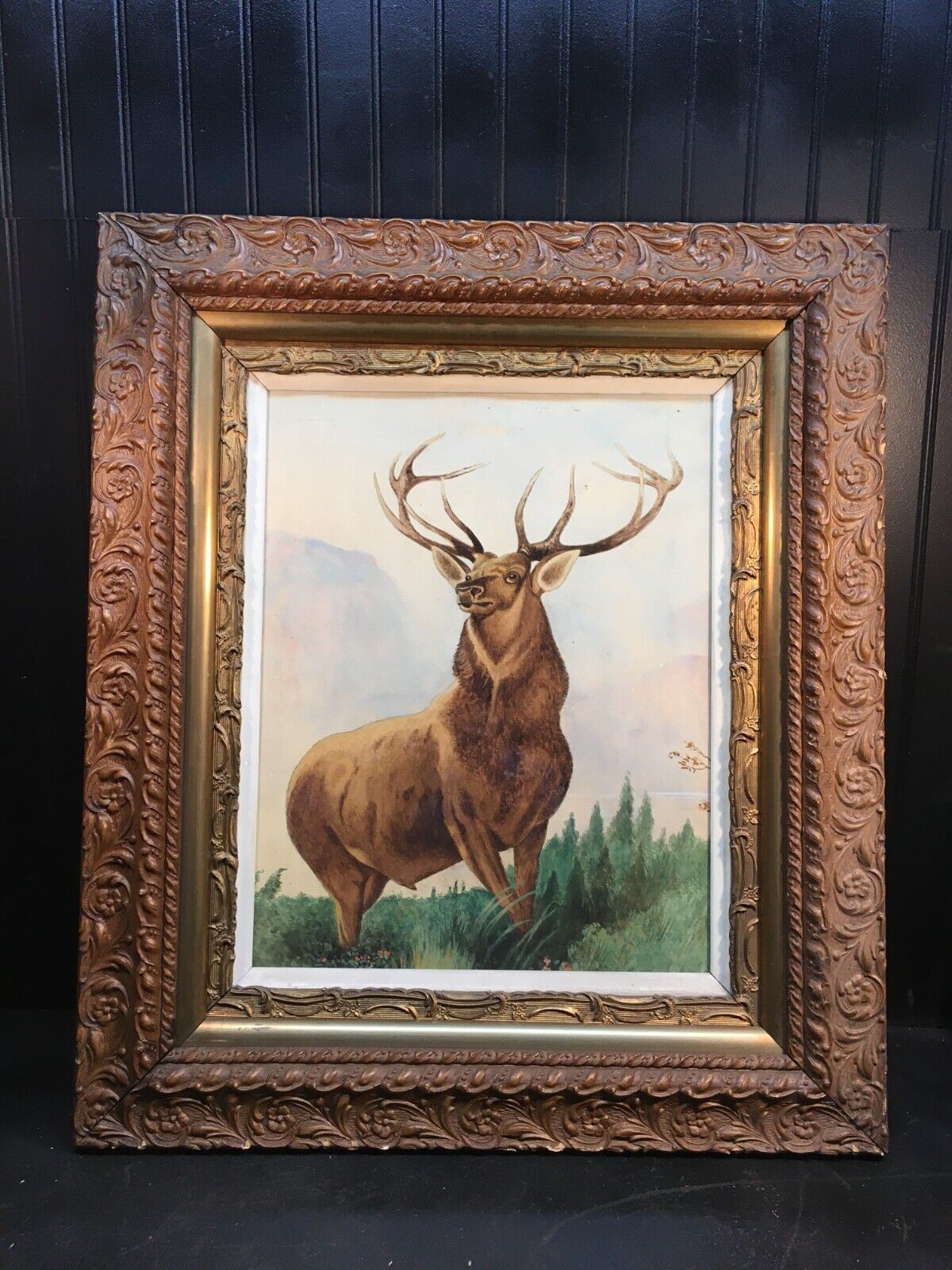 Vtg Ornate Victorian Wood Frame 28in x 24in Water Color Painting Stag Deer