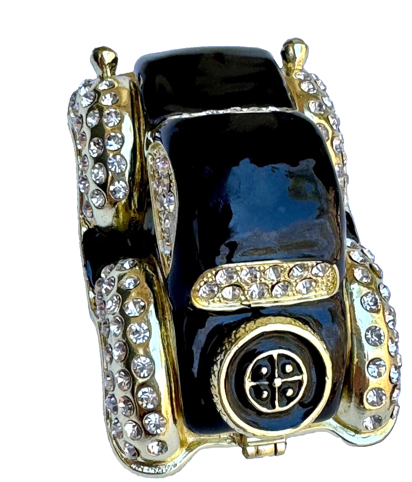 Small Enameled Rhinestone Encrusted Vintage Black Car Hinged Metal Jewelry Box