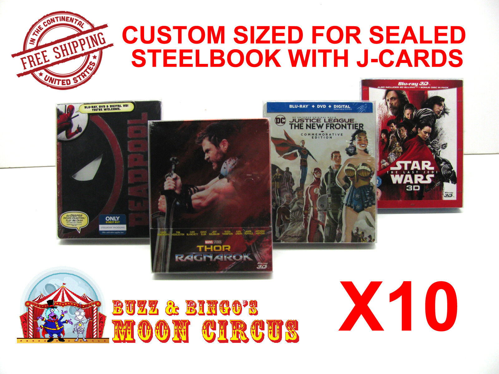 10x BLU-RAY STEELBOOK WITH J-CARDS (SIZE BR5) - CLEAR PLASTIC BOX PROTECTORS