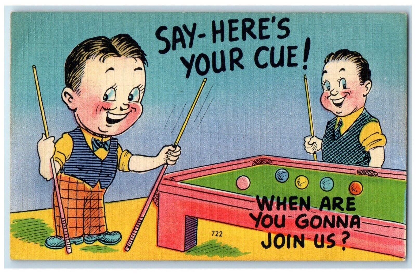 c1930\'s Boys Playing Billiard Pool Table When Are You Gonna Join Us Postcard