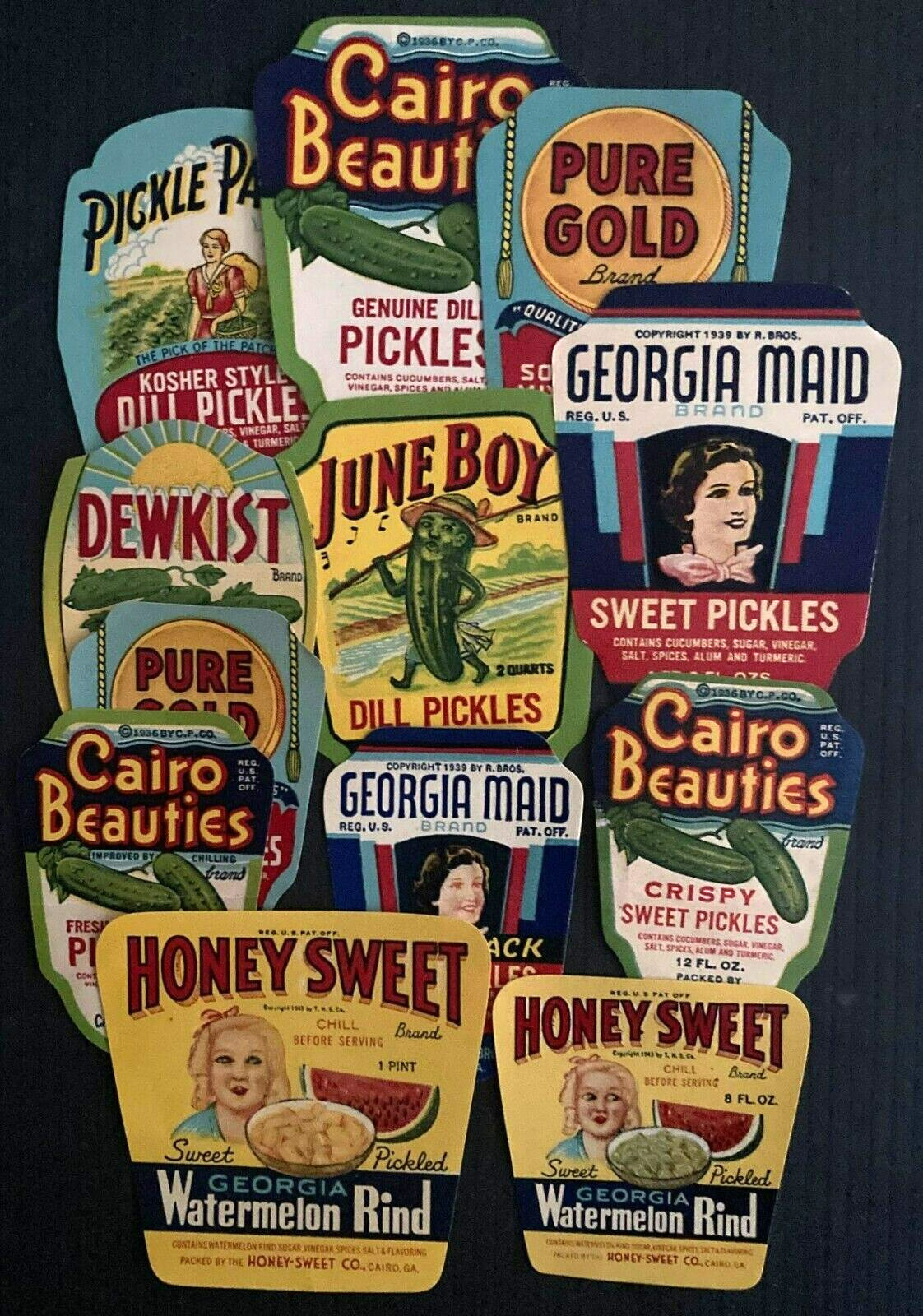 1930s Lot of 12 Mixed Pickle Labels, Chow Chow,  Honey Sweet  - Cairo Georgia L1