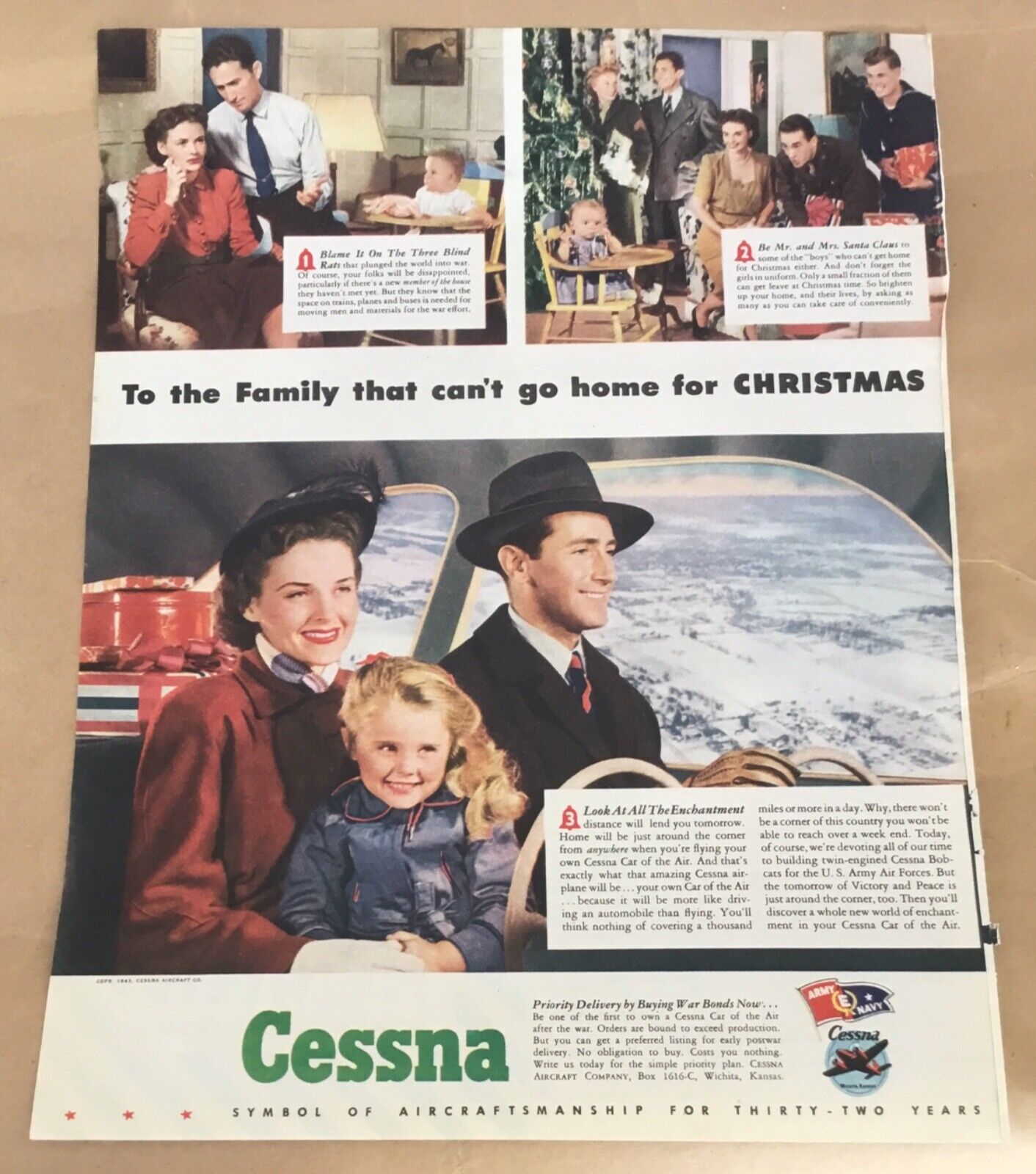 Cessna airplanes 1940s print ad 1943 orig vintage art WWII illustrated Christmas