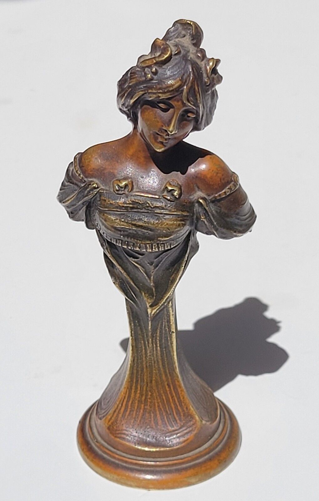 Spectacular Antique Art Nouveau Figural Bronze Lady Bust Bronze Wax Seal Stamp