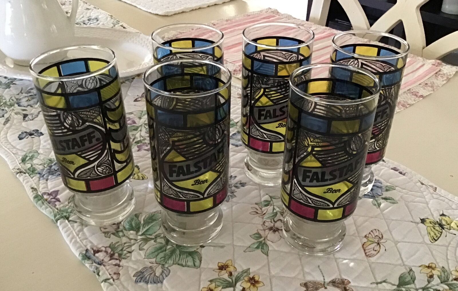 Vintage 70’s Lot Of 6 Anchor Hocking Stained Glass Footed Beer Glasses Falstaff