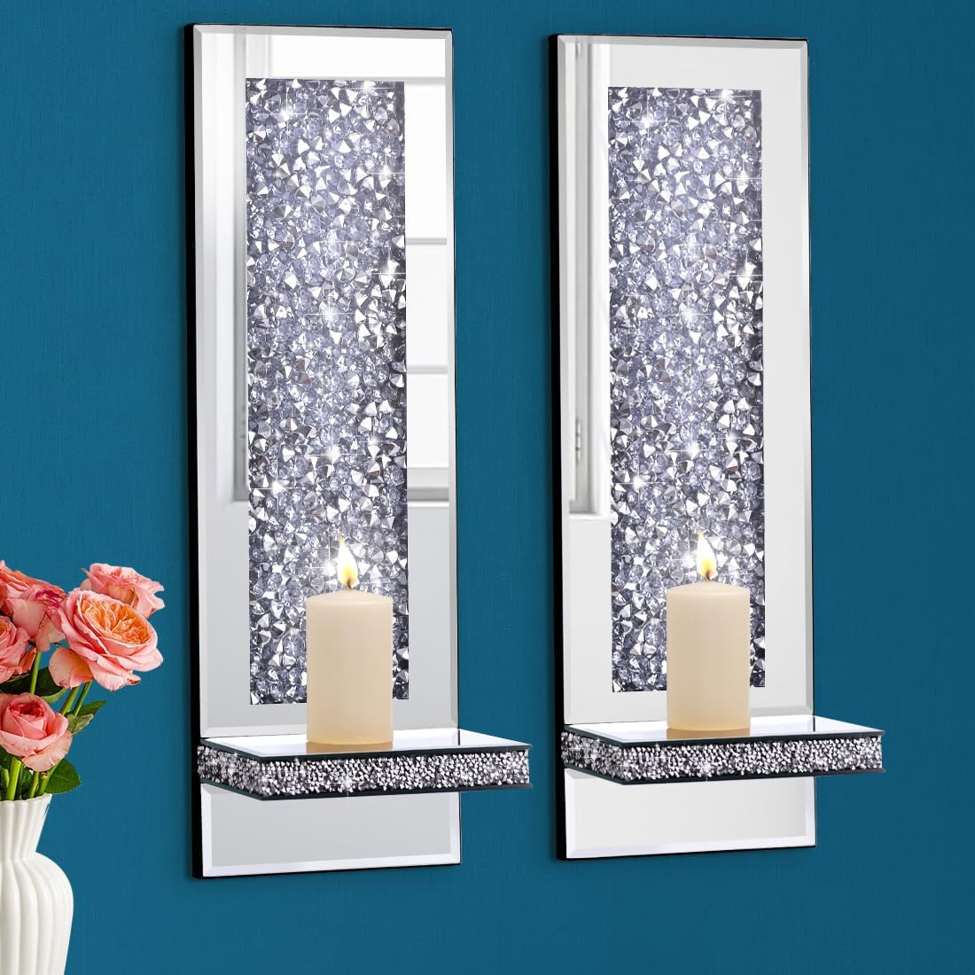 Crystal Crush Diamond Mirrored Candle Sconces, Silver Wall Candle Holder Set of 