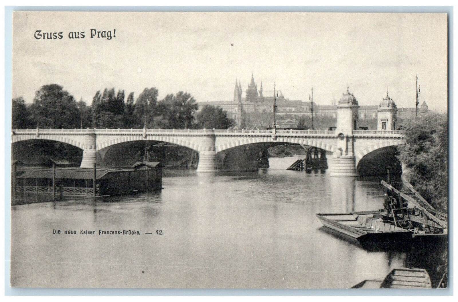 c1910 The New Kaiser Franzens Bridge Greetings from Prag Czech Republic Postcard