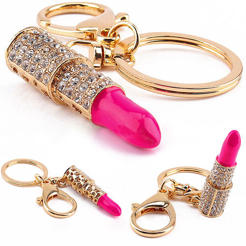 Crystal Rhinestone Lipstick Keyring Charm Pendant Bag Purse Car Key Chain Gift