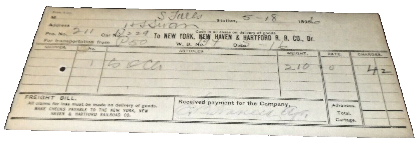 MAY 18th, 1896 NEW HAVEN RAILROAD FREIGHT RECEIPT SOUTH FALLS STATION