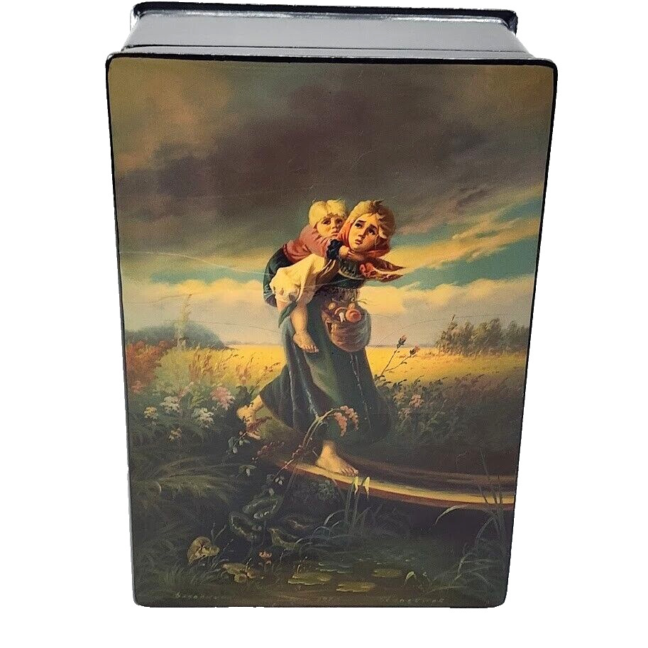 Fedoskino Russian Lacquer Box Large 1970 Children Running From a Thunderstorm.