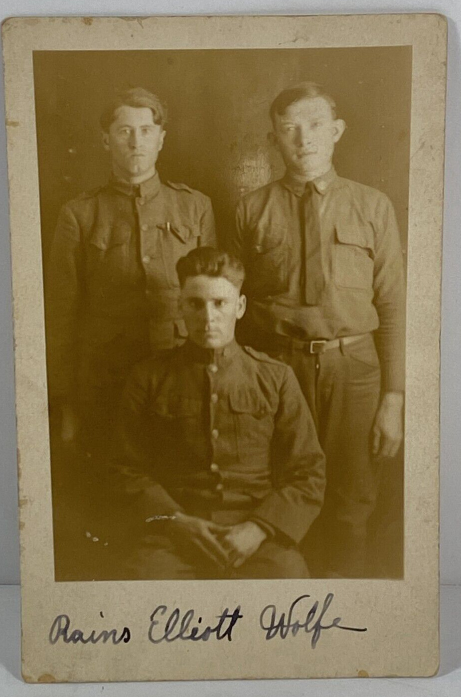WWI Postcard B&W RPPC US Military c1919 (3) Army Men Identified Rains-Elliott