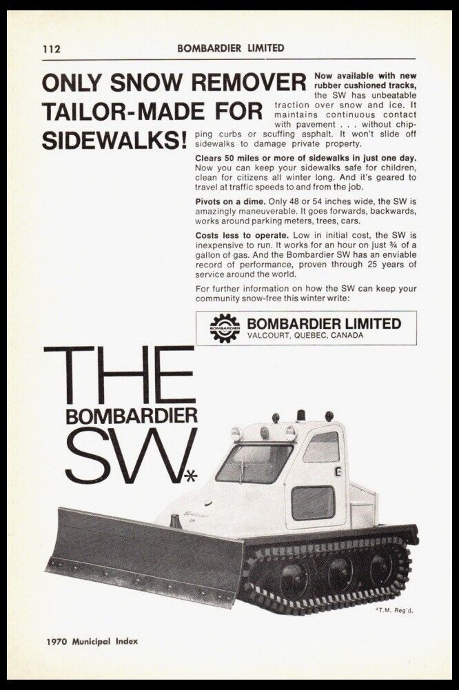 1970 Bombardier Limited-SW Snow plow Valcourt,Quebec CA-VTG trade photo print ad