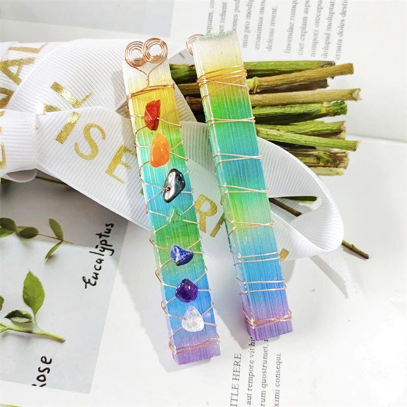 5Pcs Colorful Electroplated Gypsum Selenite Wand Copper Wire Crystal Reiki Stone
