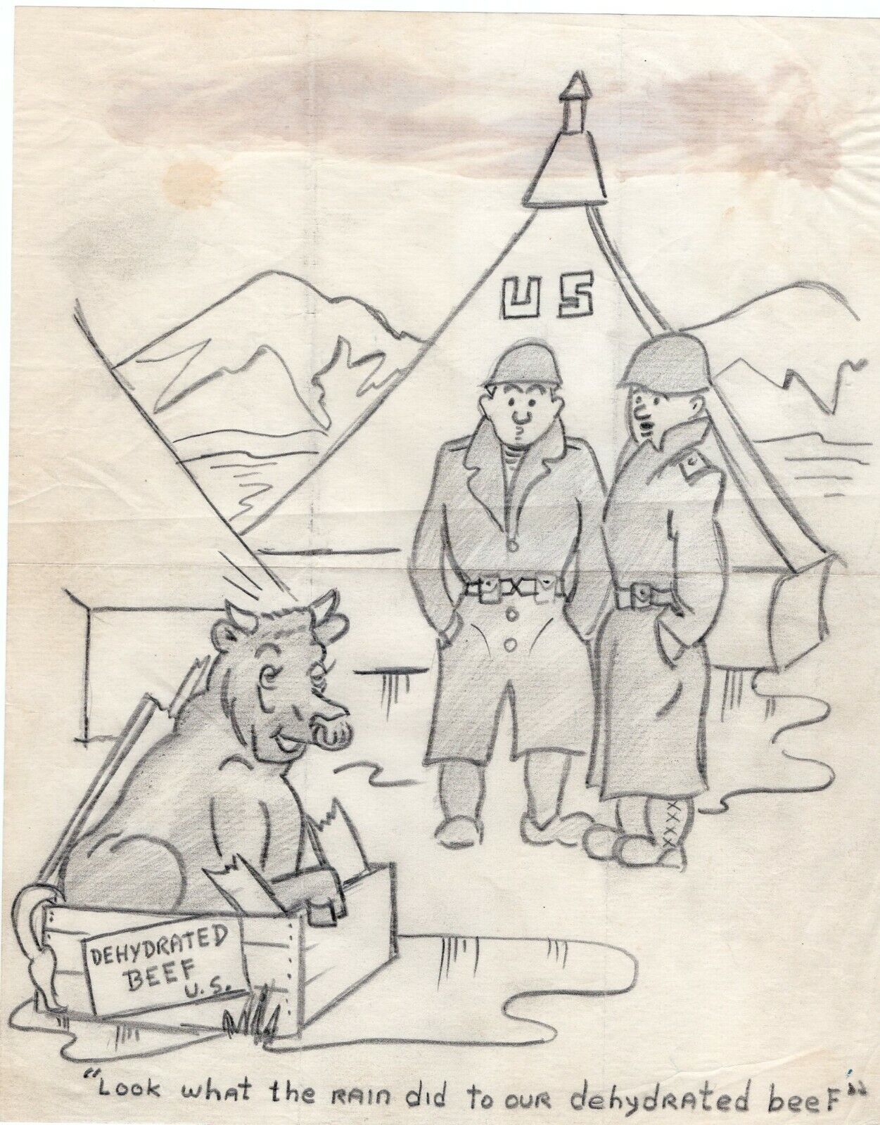 WW2 US Original Hand Drawn By Soldier Humorous Cartoon